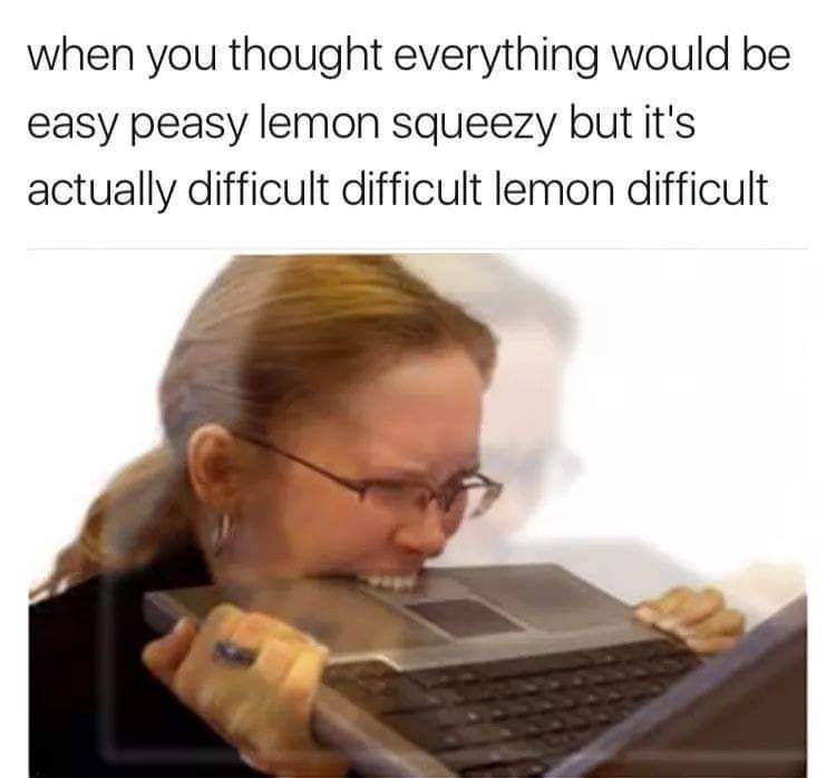 The meme is a humorous image of a person sitting at a desk with a laptop, looking frustrated and overwhelmed. The text above the image reads: "When you thought everything would be easy peasy lemon squeezy, but it's actually really difficult and you're struggling to keep up." The image is a play on the common phrase "easy peasy lemon squeezy," which is a humorous way to describe a situation that's actually more complicated than expected.